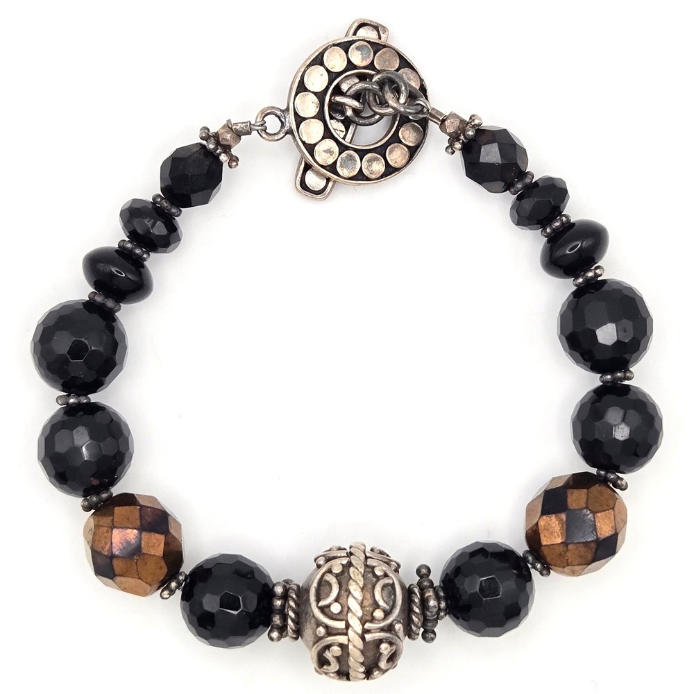 Handcrafted Chunky Black Faceted Glass Bead Bracelet Silver‎ Tone Filigree